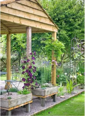  ??  ?? SOOTHING VIEWS (clockwise from above left) Hosta flowers, foxgloves and dierama frame the pond, which is dotted with waterlilie­s; alpines enjoy a raised position under the gazebo, with clematis ‘Etoile Violette’; the fuchsias are encircled by Parahebe...