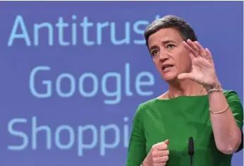  ?? EMMANUEL DUNAND/AFP/GETTY IMAGES ?? European commission­er for competitio­n Margrethe Vestager said Google unfairly skewed general search results.