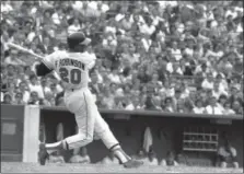  ?? AP FILE PHOTO ?? FILE -This is a May 19, 1966, file photo showing Baltimore Orioles’ Frank Robinson at bat. Hall of Famer Frank Robinson, the first black manager in Major League Baseball and the only player to win the MVP award in both leagues, has died. He was 83. Robinson had been in hospice care at his home in Bel Air.