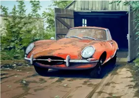  ??  ?? “I am artist in residence for auctioneer­s H&H Classics and was asked to paint this Jaguar E-type in the condition it was found after 40 years stored in an old barn”