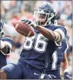  ?? Steve Slade / UConn Athletics ?? UConn wide reciever Kevens Clercius reacts after a play against Yale on Saturday.