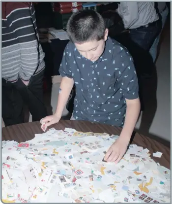  ?? —photo fournie ?? Mathis Boisvert, l’un des plus jeunes membres du Club de philatélie de Hawkesbury, trie une pile de timbres oblitérés sur l’une des tables préparées pour le 60e anniversai­re du club en octobre, à la Légion de Hawkesbury.