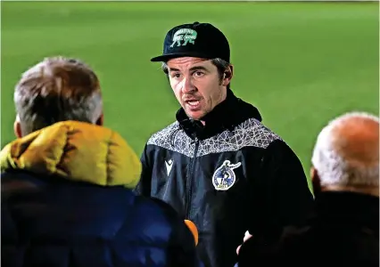  ?? Robbie Stephenson/JMP ?? Bristol Rovers manager Joey Barton talks to the press after the 1-1 draw with Colchester