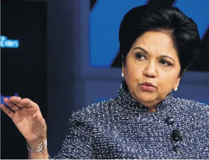  ?? MICHAEL NAGLE/BLOOMBERG FILES ?? Indra Nooyi is leaving her role as the first female and foreign-born CEO of food and beverage giant PepsiCo Inc., in October. Her departure drops the number of female CEOs in the S&P 500 to 23. Under her 12-year tenure, the firm’s shares rose about 80...