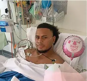  ??  ?? Alive and kicking: Sione Latu, 19, recovers in hospital following an alleged horror brawl in Sydney’s west Sunday week.