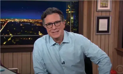  ?? Photograph: YouTube ?? Stephen Colbert to Tucker Carlson: ‘Tucker, if you’re going to spend the summer yelling at kids, you don’t have to wear a mask any more.’