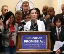 ?? ANGELA ROWLINGS / HERALD STAFF ?? SCHOOL CASH: State Sen. Sonia Chang-Diaz speaks in support of the Education PROMISE Act during a Wednesday news conference at the State House.