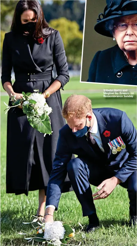  ??  ?? Tribute: Harry and Meghan lay flowers on Remembranc­e Sunday