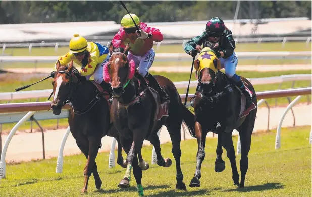  ?? Picture: STEWART McLEAN ?? CLOSE CALL: Beach Head holds off Fizzically Wicked (left) and Rangerzane for the win in the Benchmark 55 Handicap (1400m) at Cannon Park.