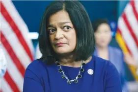  ?? AP PHOTO/J. SCOTT APPLEWHITE ?? Rep. Pramila Jayapal, D-Wash., chairwoman of the House Progressiv­e Caucus, attends an event at the Capitol on July 28 in Washington.