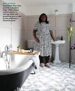  ??  ?? BEST OF BOTH Geometric floor tiles provide a modern edge while classic sanitarywa­re, a roll-top bath and panelling give a nod to the property’s Victorian past