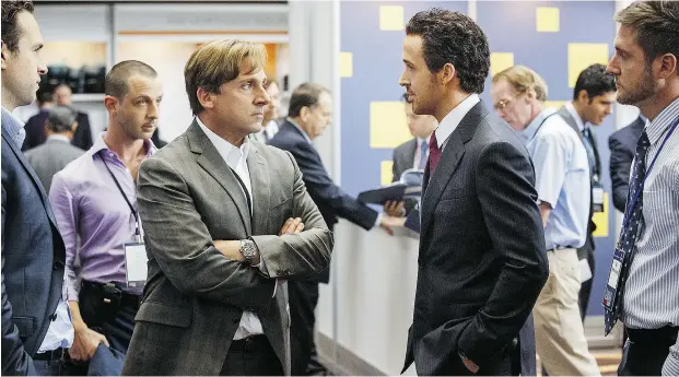  ?? Jaap Buitendijk / Paramount Pictures via Associat ed Press ?? Steve Carell and Ryan Gosling — in glorious Jheri curl — get their finance on in Adam McKay’s The Big Short.