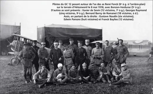  ?? DR/COLL. D. MÉCHIN ?? Pilotes du GC 12 posant autour de l’as des as René Fonck (6e à g. à l’arrière-plan) sur le terrain d’Hétomesnil le 8 mai 1918, avec Bonzon-Verduraz (5e à g.). D’autres as sont présents : Xavier de Sevin (12 victoires, 7e à g.), Georges Raymond (cinq victoires, 9e à g.), Bernard Barny de Romanet (18 victoires, à d.).
Assis, en partant de la droite : Gustave Naudin (six victoires),
Edwin Parsons (huit victoires) et Franck Baylies (12 victoires).