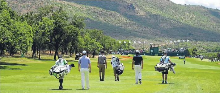  ?? Picture: Getty Images. ?? Scott Jamieson, centre, finished ahead of Victor Dubuisson, right, but one shot behind Branden Grace, left, in Sun City.