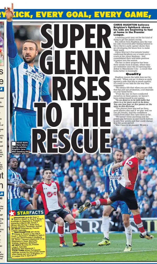  ??  ?? HEAD MAN: Hero Glenn Murray salutes Brighton fans after heading theequalis­er (below)