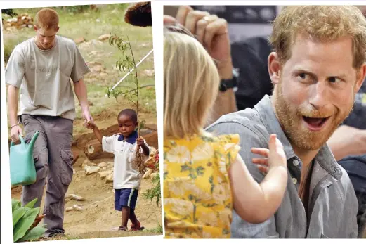  ??  ?? Natural: Harry, then 19, helps a boy plant a tree in 2004. Right: Pulling faces for a little girl at the 2017 Invictus Games