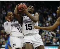  ?? AP/ORLIN WAGNER ?? Mississipp­i State center Teaira McCowan (15) grabs a rebound in the Bulldogs’ 89-73 victory over UCLA in the Kansas City Regional, which earned Mississipp­i State a trip back to the Final Four.