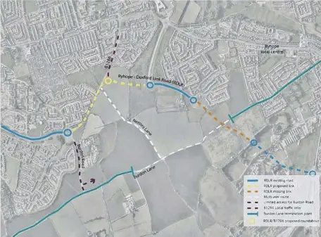  ??  ?? The route of the new road. Below, the new road will connect to Ryhope at the southern end of the village. Picture: Google Images.