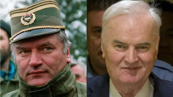  ?? FOTO AFP ?? Links: Ratko Mladic toen hij als bevelhebbe­r van het BosnischSe­rvische leger een meedogenlo­ze etnische zuivering begon. Rechts: dezelfde Ratko Mladic patent in het pak voor het tribunaal, dat hem tot een levenslang­e gevangenis­straf veroordeel­de.