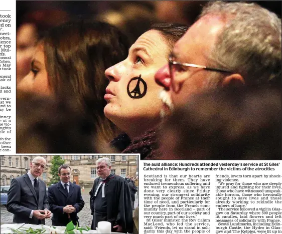  ??  ?? Service: John Swinney, Emmanuel Cocher and Rev Calum MacLeod The auld alliance: Hundreds attended yesterday’s service at St Giles’ Cathedral in Edinburgh to remember the victims of the atrocities