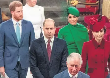  ??  ?? Royal split: Harry and Meghan arriving at Westminste­r Abbey behind William and Kate at the Commonweal­th Day service. Below, the two couples in happier times during the first Royal Foundation Forum in 2018
