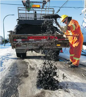 ?? MARK VAN MANEN ?? City crews fill one of the many potholes that have appeared across Vancouver due to numerous freezing and thawing cycles this winter.