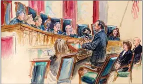  ?? (AP/Dana Verkoutere­n) ?? This artist sketch depicts Paul Clement speaking to the Supreme Court on Wednesday in Washington. Justices seated from left are Brett Kavanaugh, Elena Kagan, Samuel Alito, Clarence Thomas, John Roberts, Stephen Breyer, Sonia Sotomayor and Amy Coney Barrett.