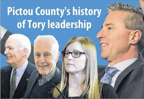  ??  ?? Tim Houston, right, is the latest in a long line of Progressiv­e Conservati­ve party leaders who call Pictou County home. The most recent include former premiers Donald Cameron, left, and John Hamm, as well as interim leader Karla MacFarlane.