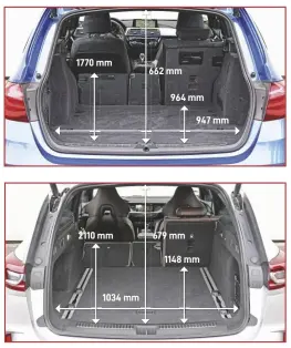  ??  ?? De kofferbak van de BMW (495 tot 1500 liter) is in alle opzichten kleiner. Een inhoud van 560 tot 1665 liter. Spullen van 2 meter lang zijn geen probleem in de Opel.