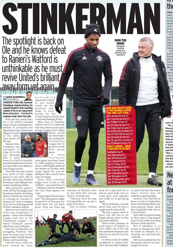  ?? ?? GRIN THE MOOD Solskjaer looking relaxed in training with Rashford