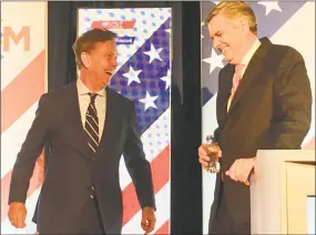  ?? Dan Haar / Hearst Connecticu­t Media ?? Democrat Ned Lamont, left, shares a laugh with Republican Bob Stefanowsk­i shortly before the last gubernator­ial debate before the election at Foxwoods Resort Casino.