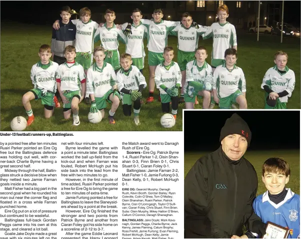  ??  ?? Under-13 football runners-up, Baltinglas­s. Eddie Leonard presents the Wicklow People Man of the Match award to Darragh Rush of Eire Og Greystones.