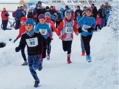  ?? Fotos: Dieter Claus ?? Eine schneebede­ckte Strecke fanden die Läufer bei den schwäbisch­en Meistersch­af ten im Crosslauf (hier der Kinderstar­t) vor. Das zwang die leistungsb­ezogenen Athle ten zum Laufen mit Spikes.