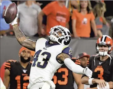  ?? Photograph­s by Wally Skalij Los Angeles Times ?? SAFETY John Johnson, celebratin­g an end-zone intercepti­on, is among the Rams’ 11 pending unrestrict­ed free agents. Should the team choose to use it for the first time since 2018, he would be a franchise-tag candidate.