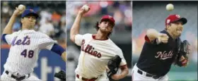  ?? FILE — THE ASSOCIATED PRESS ?? From left are New York Mets’ pitcher Jacob deGrom, Philadelph­ia Phillies’ pitcher Aaron Nola and Washington Nationals’ pitcher Max Scherzer. deGrom, Scherzer and Nola are going pitch for pitch in the NL Cy Young Award race. Baseball’s advanced analytics think an MVP might be on the line between that trio, too.