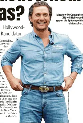  ??  ?? Matthew McConaughe­y (51) will Hollywood gegen die Spitzenpol­itik eintausche­n.