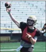  ?? Pete Paguaga / Hearst Connecticu­t Media ?? Hand quarterbac­k Patch Flanagan throws against Greenwich during a joint practice in August.