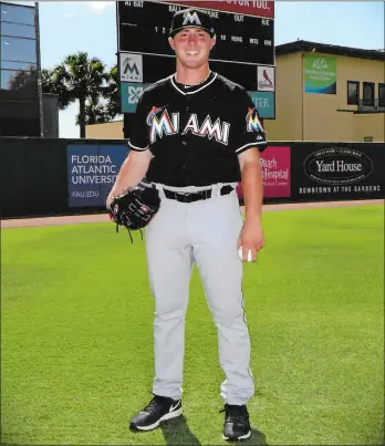  ?? PHOTO COURTESY OF THE DOMNARSKI FAMILY ?? In nine relief appearance­s with the Gulf Coast League Marlins, Pawcatuck’s Doug Domnarski has pitched 10 innings, allowing nine hits and three earned runs while walking five and striking out nine. The left-hander, who played for Stonington High School, UConn Avery Point and UConn, was drafted by the Miami Marlins in the 27th round this year.