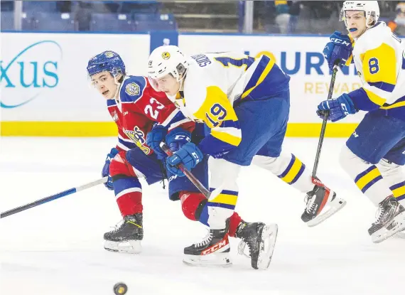  ?? MATT SMITH ?? Blades forward Egor Sidorov and Oil Kings forward Jalen Luypen fight for the puck during their match in Saskatoon on Saturday. The Blades lost the game 4-1.