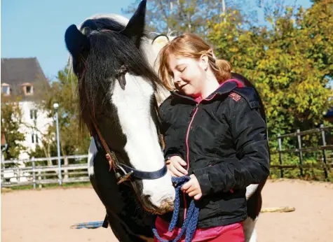  ?? Foto: Manuel Liesenfeld ?? Ein Pferd ist wie ein zusätzlich­er Therapeut: Es stellt keine Forderunge­n und die Kinder können so sein, wie sie sind. Das Dominikus-ringeisen-werk bietet seit Herbst wieder heilpädago­gisches Reiten an. Anne-kathrin (Name geändert) liebt die Momente mit Josef, einem der vier Therapiepf­erde.Thannhause­n