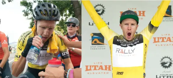  ??  ?? opposite Rob Britton in the Canada 150 jersey on Stage 2 of the 2017 Tour of Albertatop left Britton recovers at the end of Stage 7 at the 2017 Tour of Utahtop rightBritt­on stands atop the podium after winning the 2017 Tour of Utah