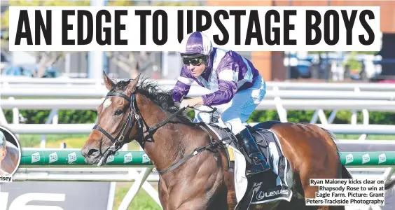  ?? ?? Ryan Maloney kicks clear on Rhapsody Rose to win at Eagle Farm. Picture: Grant Peters-trackside Photograph­y