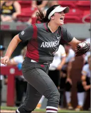  ?? NWA Democrat-Gazette/J.T. WAMPLER ?? Arkansas winning pitcher Mary Haff reacts after the Razorbacks’ victory Sunday. Haff pitched 42/3 innings, giving up 2 hits while striking out 7 and walking 2.