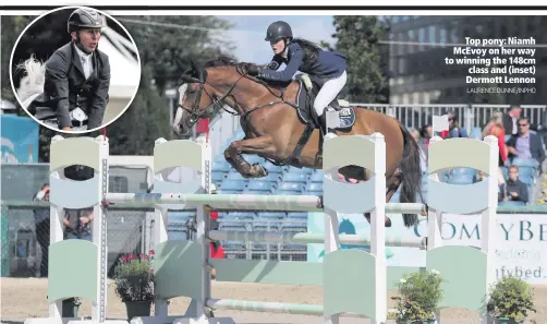  ?? LAURENCE DUNNE/INPHO ?? Top pony: Niamh McEvoy on her way to winning the 148cm class and (inset) Dermott Lennon