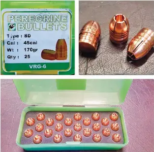  ??  ?? BELOW: Peregrine’s monolithic bullets are well presented, and the bullets tipped the scale at exactly the stated weight.