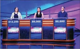  ??  ?? Rebecca Zoshak, left, Great Valley High School graduate, was in the lead right up until Final Jeopardy.