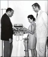  ??  ?? Dr. Nanette Wenger with Dr. William Walters (left) and Dr. Charles Harrison. This was taken when an early NIH grant was awarded for Stadium Coronary Care in 1970.