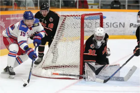  ?? CITIZEN PHOTO BY JAMES DOYLE ?? Prince George Spruce Kings forward Chong Min Lee tries a wraparound on Nanaimo Clippers goaltender Jordan Naylor while being chased by Kyler Kovich on Friday night at Rolling Mix Concrete Arena.