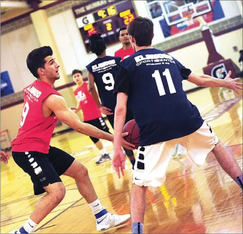  ?? Photos by Ernest A. Brown ?? Burrillvil­le’s Zach Lefebvre (red shirt, above) and the Valley’s best basketball players played in Wednesday’s RIBCA All-Star game at the Murray Center. Lefebvre won’t play sports in college, while Lincoln’s Tommy Beauchemin (red shirt, below) will...