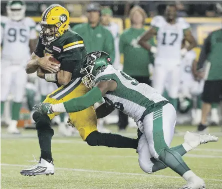  ?? DAVID BLOOM ?? Edmonton Eskimos quarterbac­k Mike Reilly will be dealing with an improved Saskatchew­an Roughrider­s’ defence when the teams square off Friday at Commonweal­th Stadium.